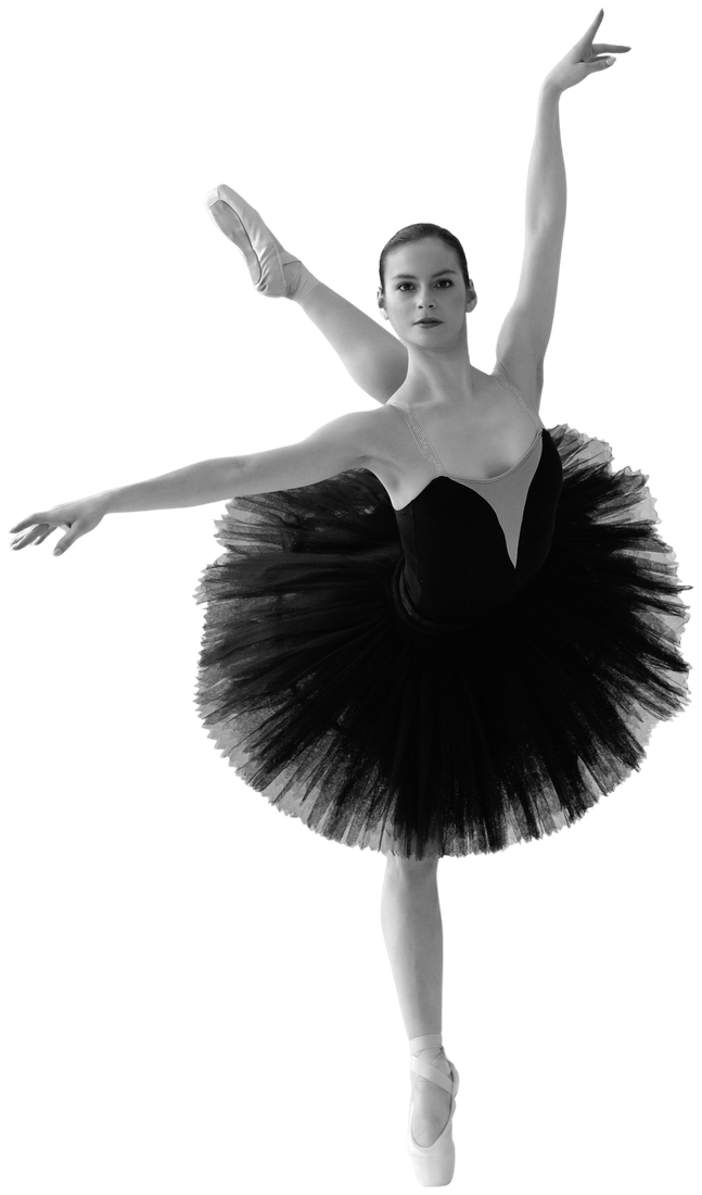 A ballerina in a black tutu, arms raised