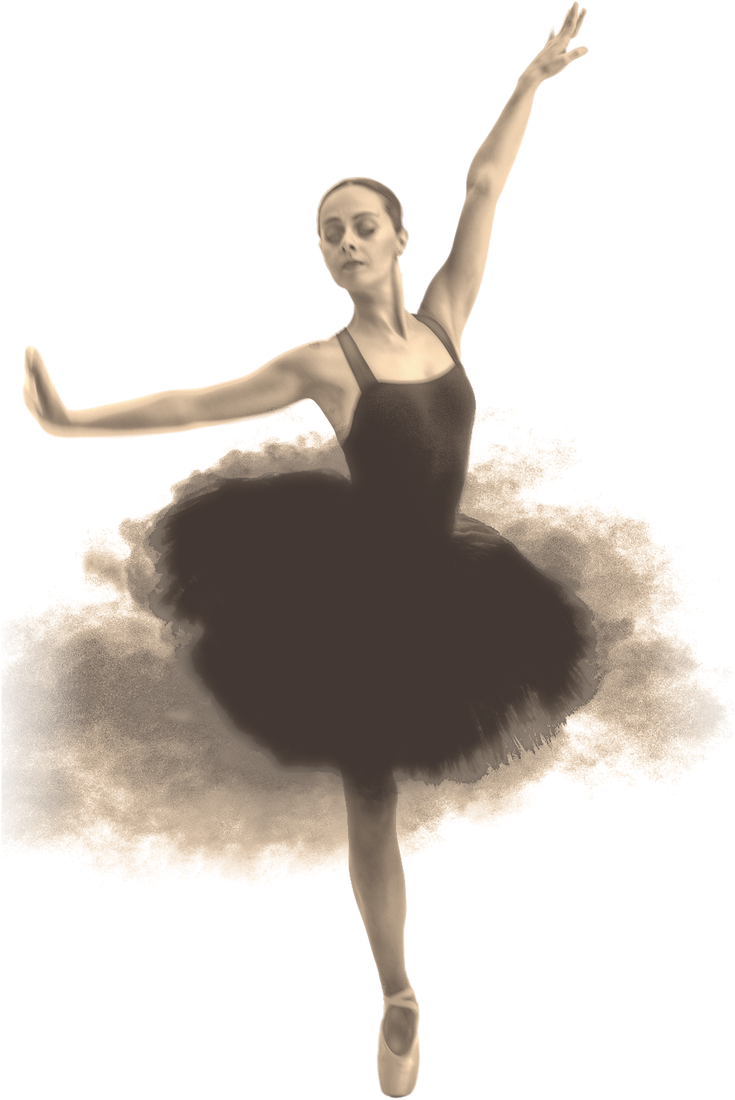 A ballerina in a black tutu dissolving into smoke