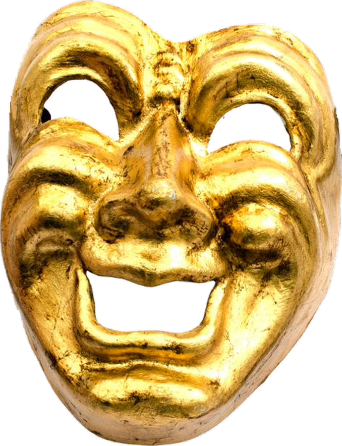 A gilded Venetian comedy mask with black ribbons