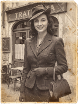 Miriam in a hat and tailored suit, carrying a pocketbook on a Venice street