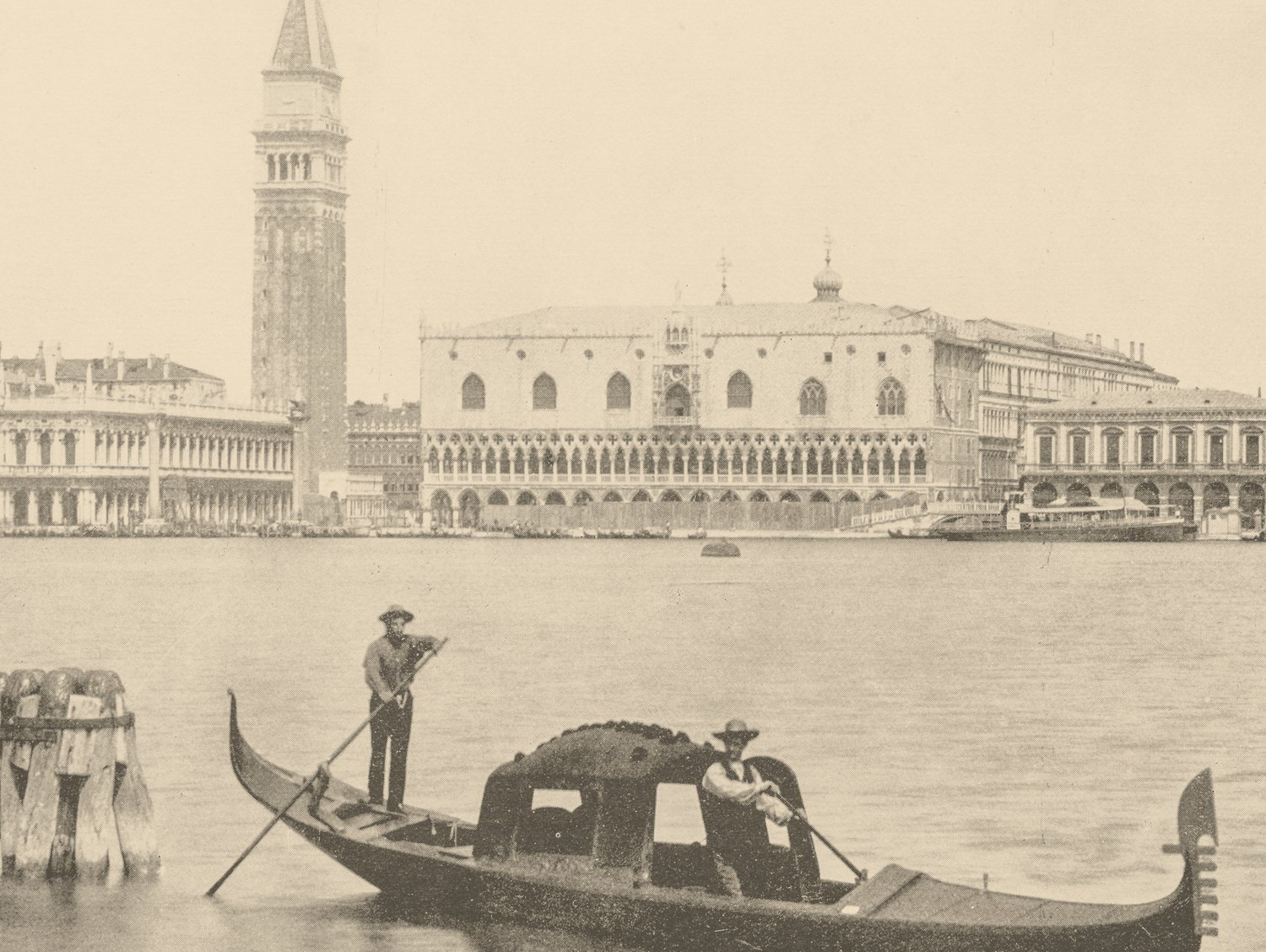 Antique photograph of a gondola before St Mark's Campanile, Venice
